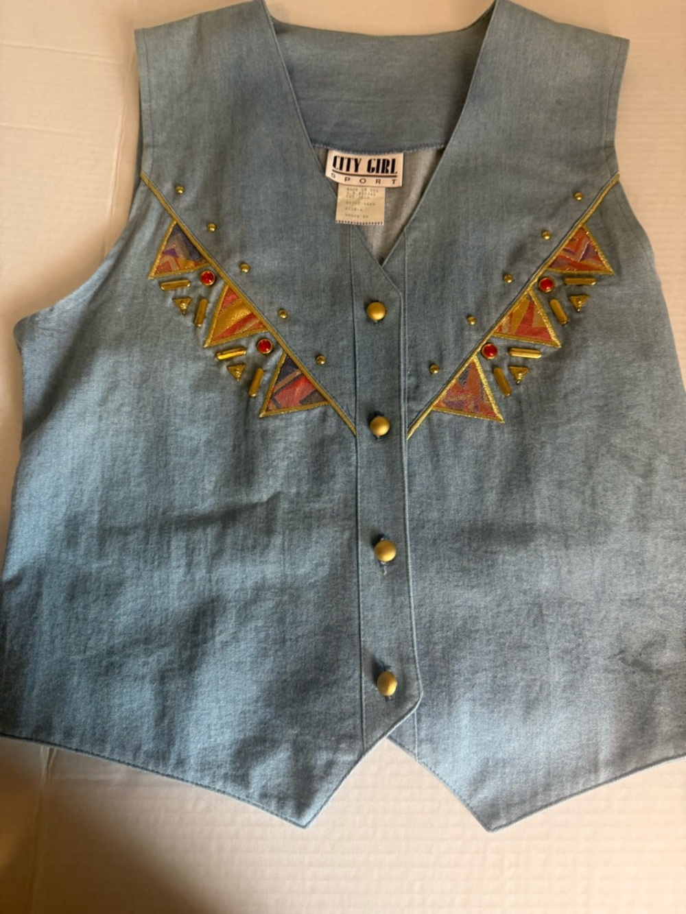 City Girl Denim Embellished Vest - Blue with Multicolor Trim size 8
